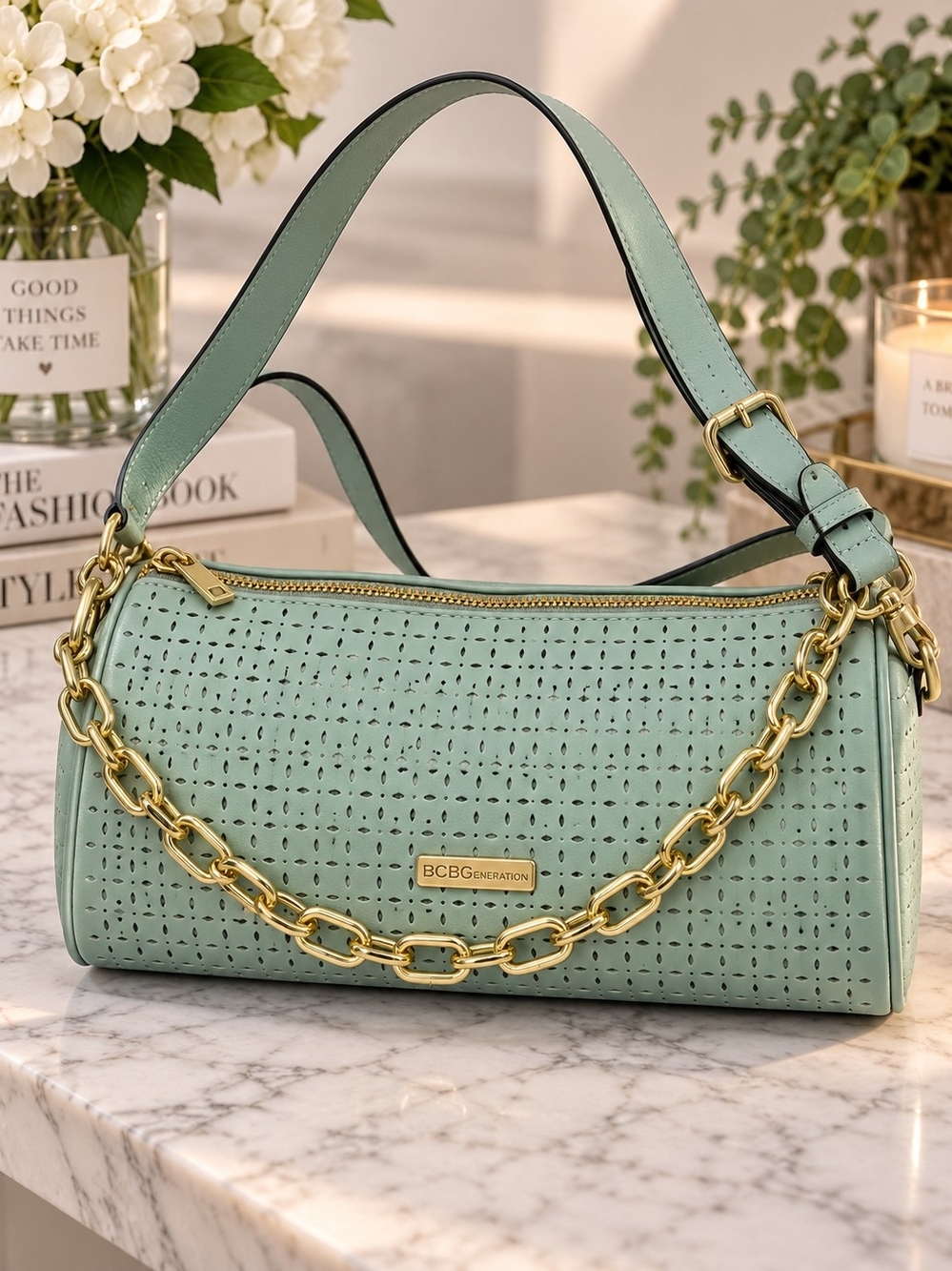 NWT BCBGeneration Mint Green Perforated Shoulder Bag with Gold Chain